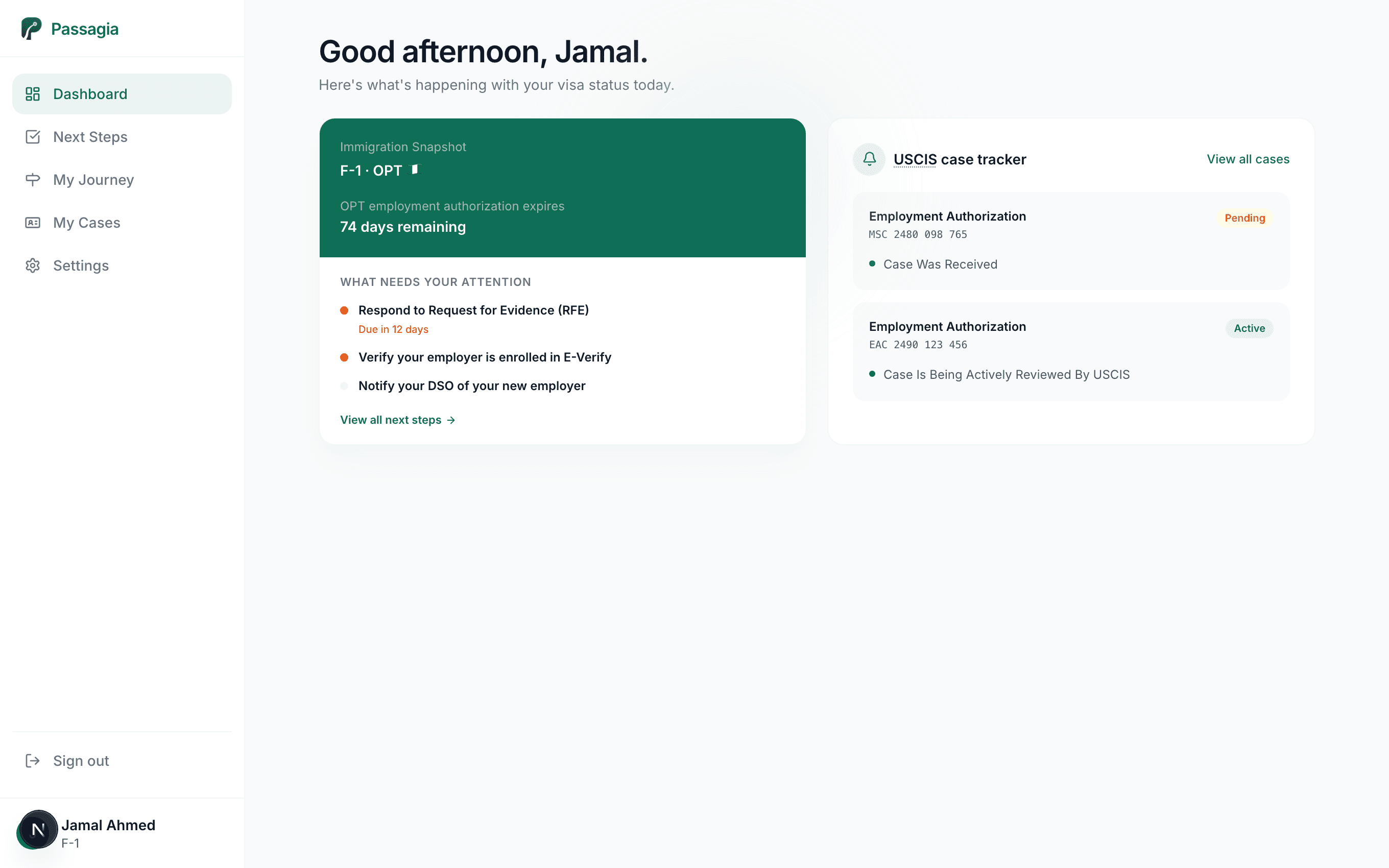 The Passagia dashboard showing an immigration snapshot, USCIS case tracker, and next steps that need attention