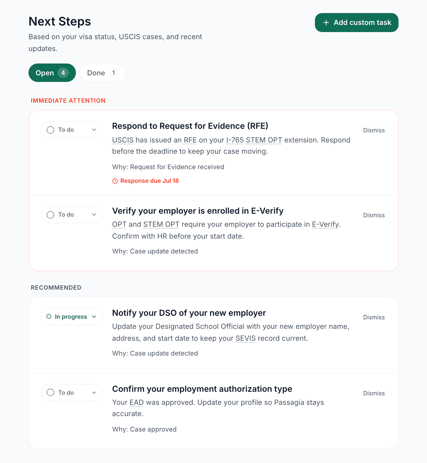 The Passagia Next Steps page showing a prioritized checklist of immigration tasks with due dates and the reason each was created